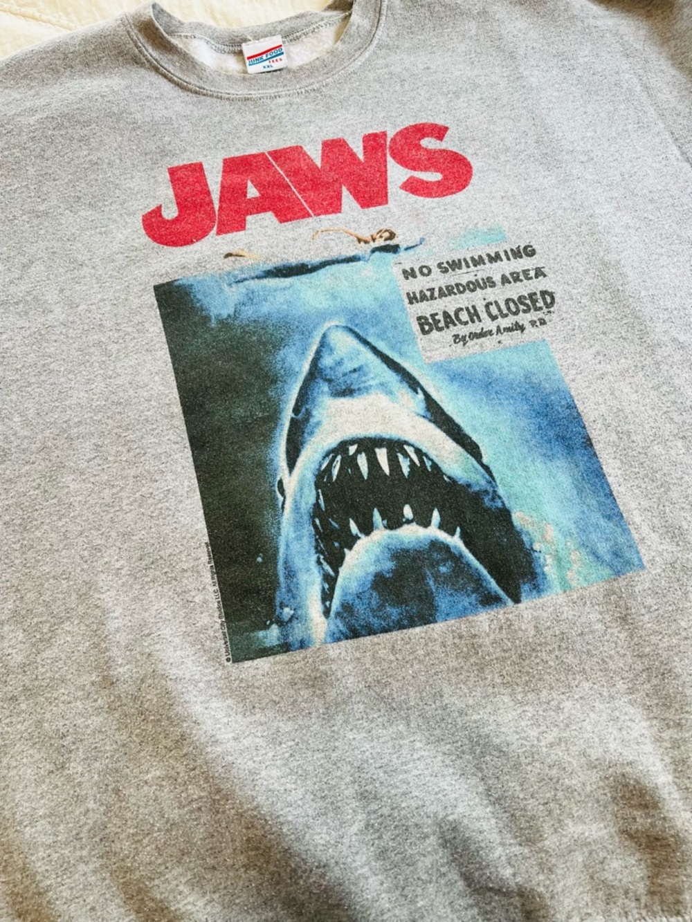 Junk Food Clothing JAWS Crewneck Sweatshirt - Gray with Red & Blue Graphic - Picture 7 of 9